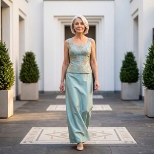 Alex Evenings Petite 8P Seafoam Blue Floral Sequin Formal Dress 1 Piece Formal